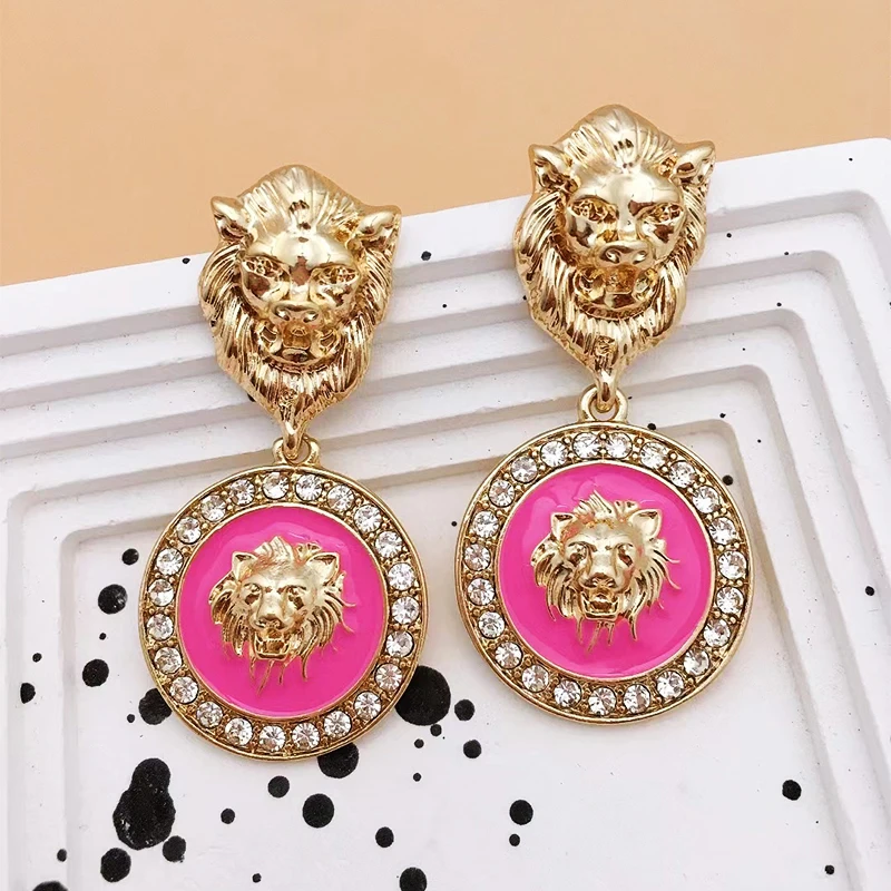 European and American Personality Lion Head Earrings Metal Geometric Exaggerated Punk Retro Female Gothic Ear Jewelry