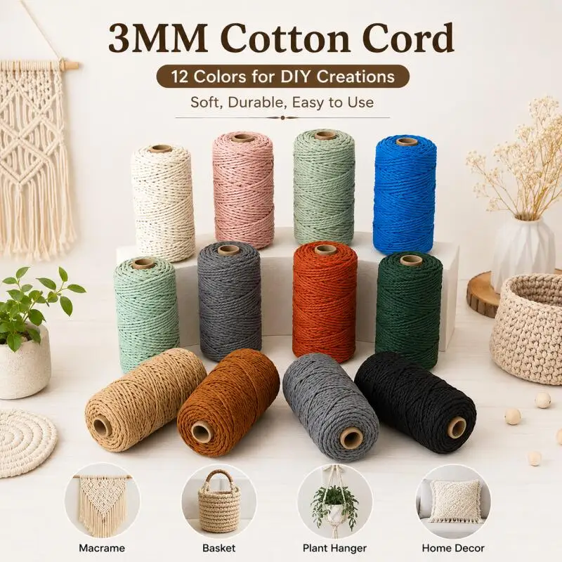 3MM 109 Yards 12 Farboptionen Makramee-Kordel Baumwollseil Gedrehter Makramee-Faden Makramee-Zubehör DIY-Bastelkordel Heimdekoration – Detail 1