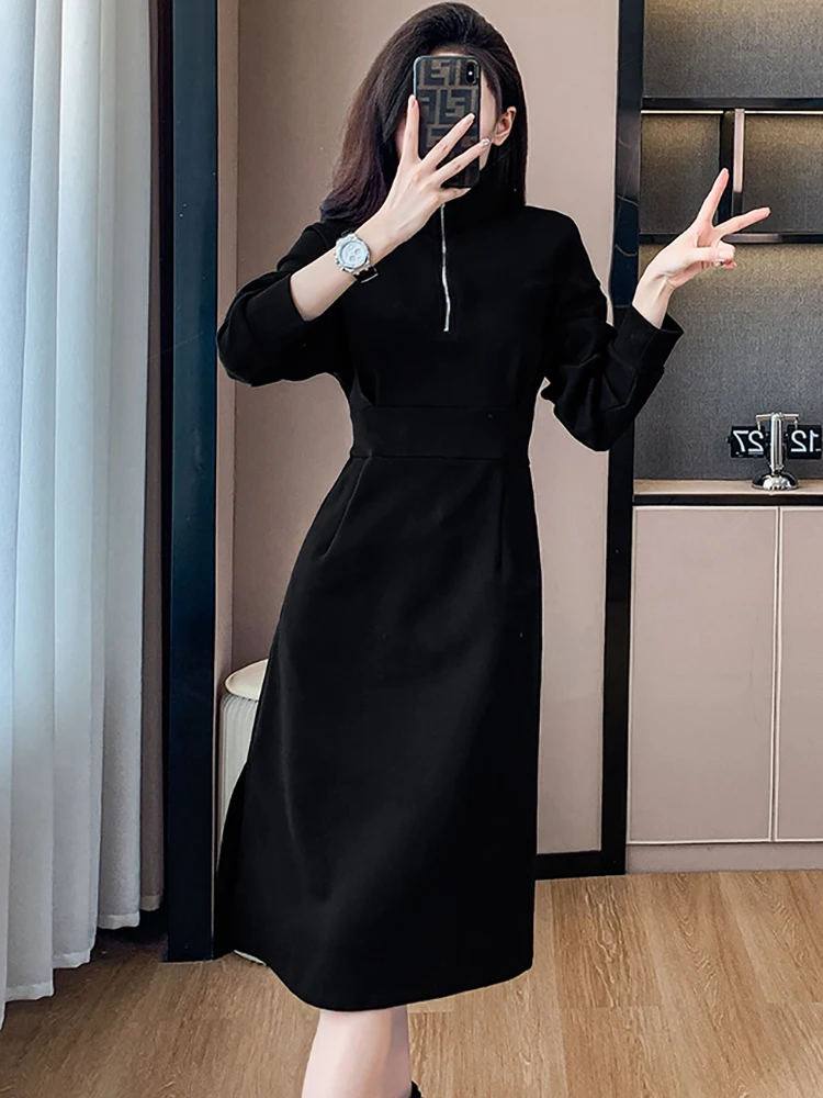 Herbst Winter Schwarz Langarm Polo Kragen Midi Kleid Frauen Vintage Hepburn Luxus Abendkleid 2025, Koreanische Elegante Prom Kleid