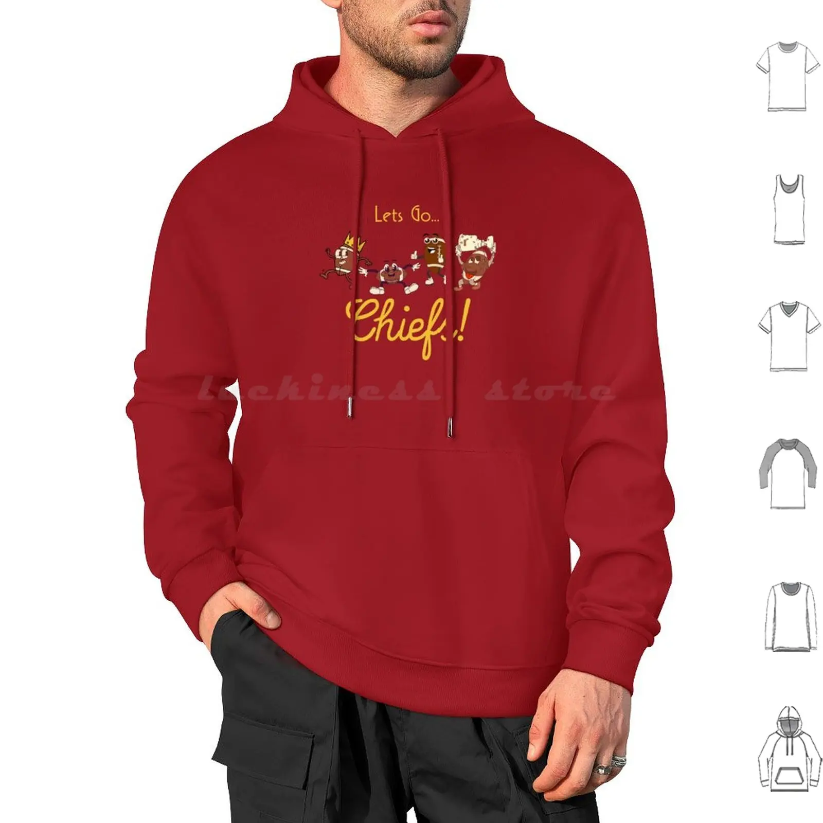 Sudaderas Retro de los KC Chiefs con Diseño de Dibujos Animados, Manga Larga, Color Rojo y Amarillo, Estilo Retro de los Kansas City Chiefs