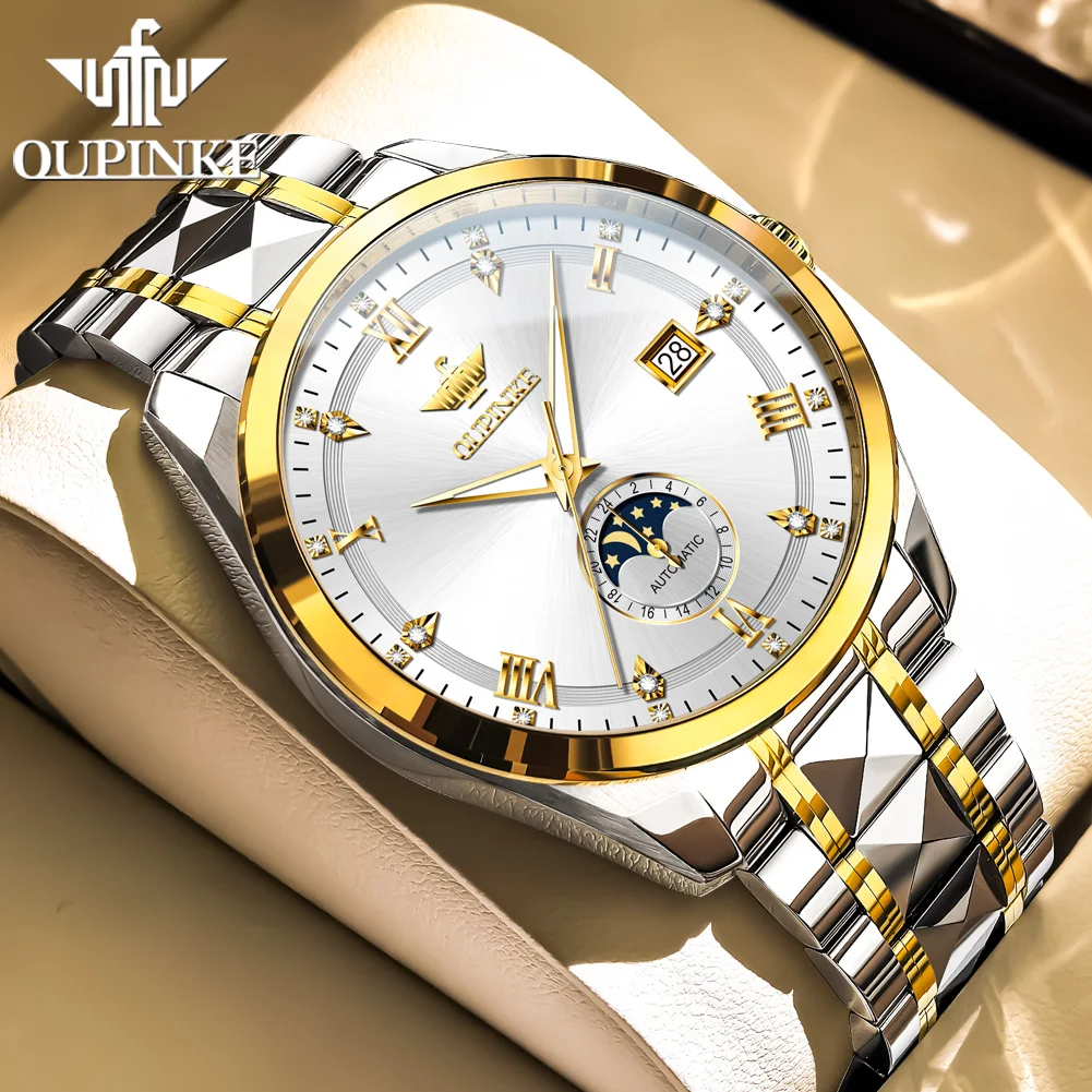 ساعات رجالية OUPINKE كاجوال عصرية من الفولاذ الناعم الأصلي ساعة يد ميكانيكية أوتوماتيكية مقاومة للماء مضيئة تاريخ القمر المرحلة الجديدة