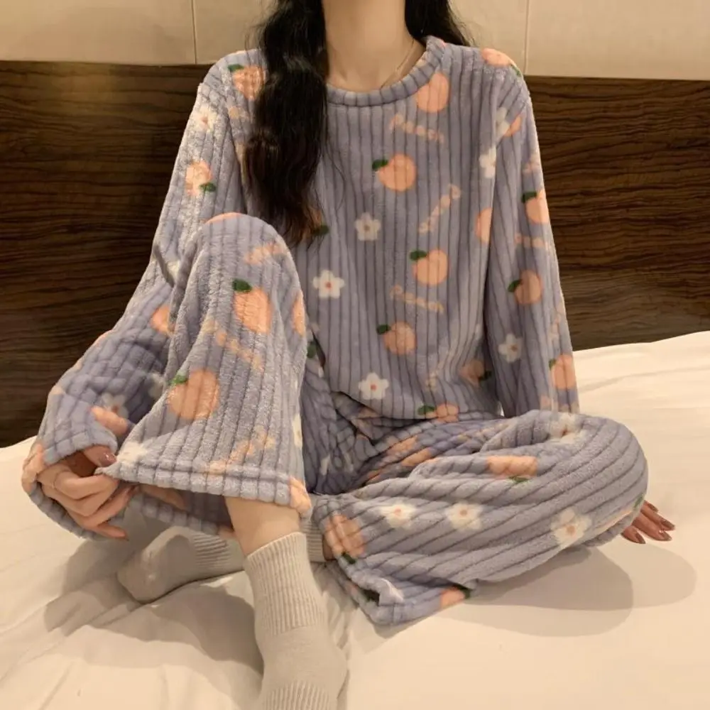 

Casual Cute Bear Velvet Sleepwear Set Flower Peach Plush Pajama Suit Nightwear Long Sleeve Winter Thick Warm Pajamas Girl Gift