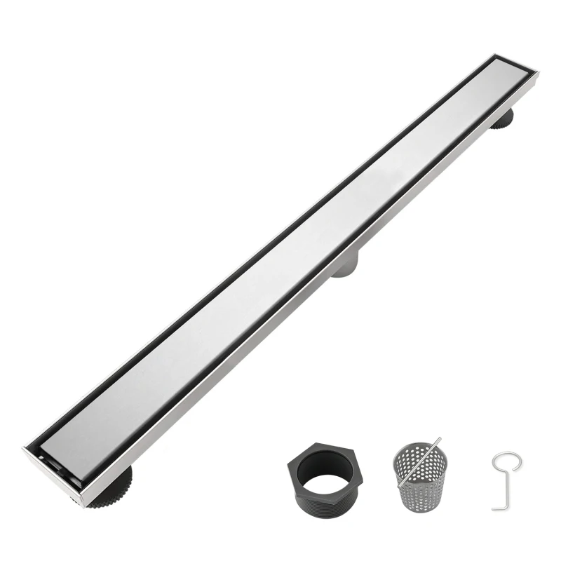 

28 Inch Linear Shower Drain with Removable Cover, 304 Stainless Steel Shower Floor Drain with Hair Strainer and Leveling Feet
