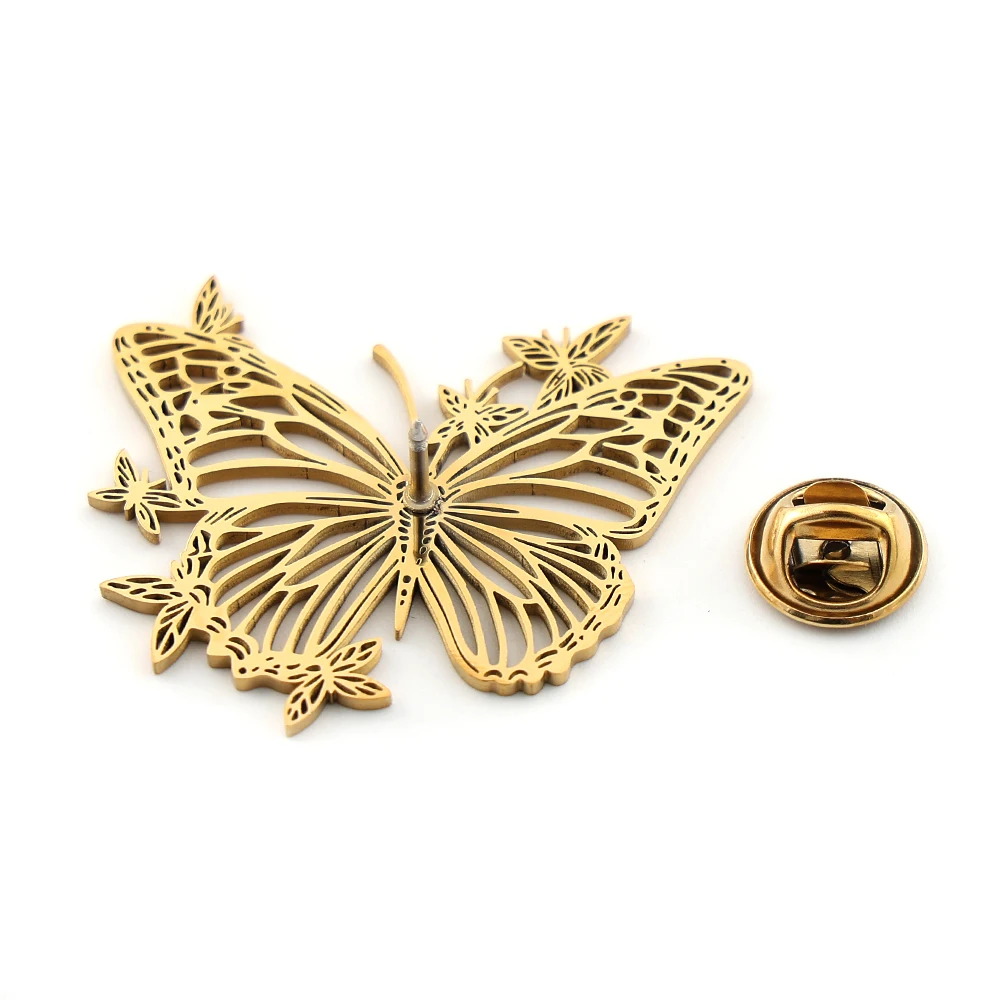 Gothic Hollow Butterfly Brooch for Women Men Stainless Steel Gold Silver Color Vintage Insect Lapel Pin Clothing Jewelry Gift