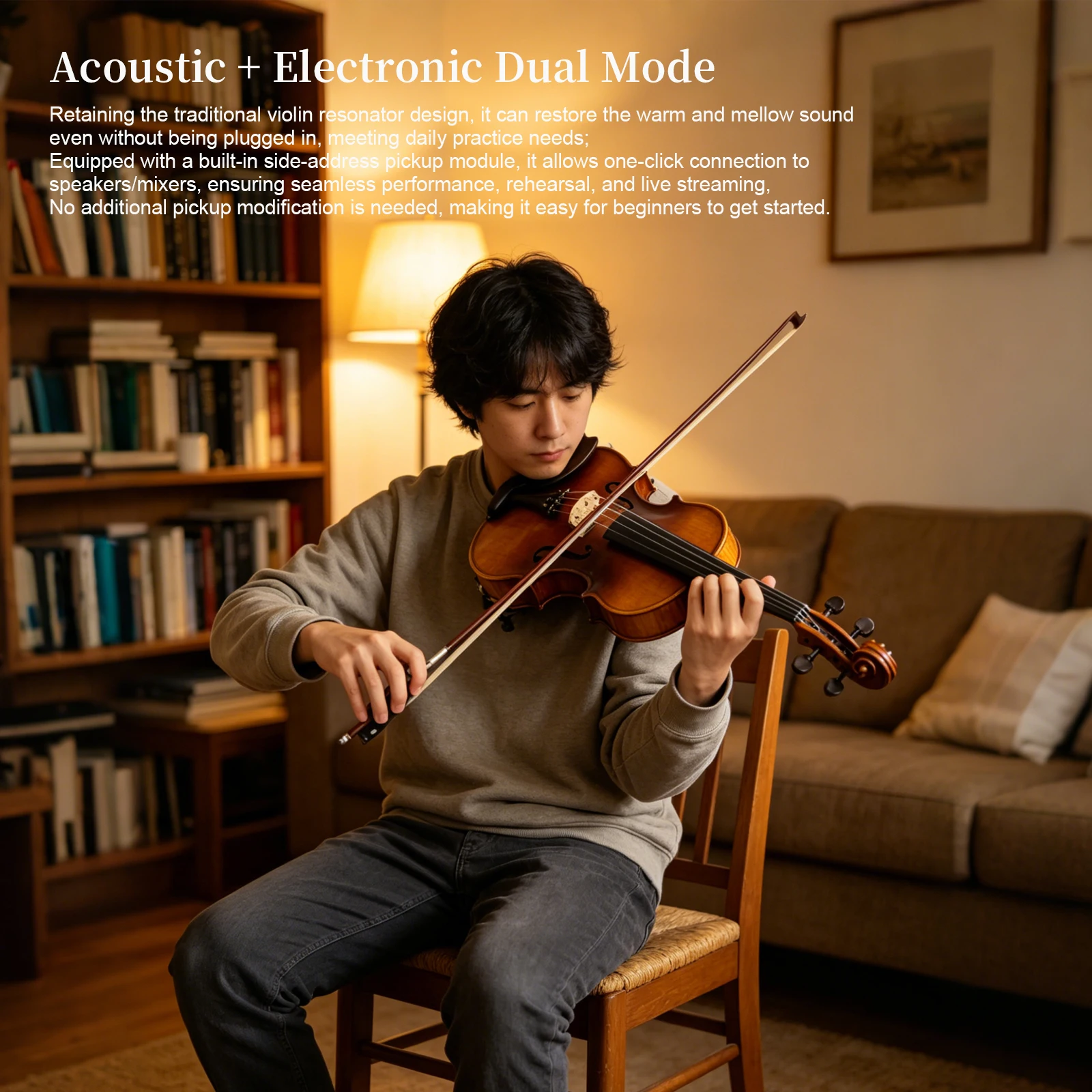 Electric Acoustic Violin – Basswood Body Ebony Fittings EQ System, Antique Brown Finish, Case & Octagonal Bow – 4/4 Size