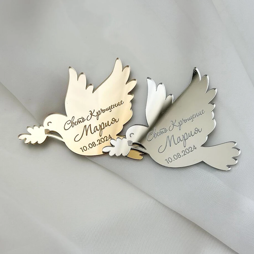 30/50/100 Uds. Etiquetas de nombre de bautismo de paloma personalizadas espejo personalizado acrílico bautizo Baby Shower etiquetas de recuerdo de fiesta decoración Mi Bautizo