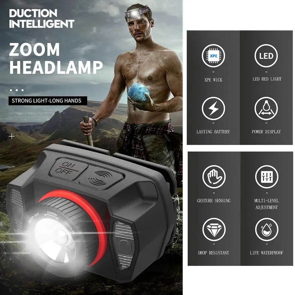 Rechargeable Headlamp LED Head Lamp Flashlight With Red Light and Motion Sensor for Outdoor Camping Running Cycling Fishing