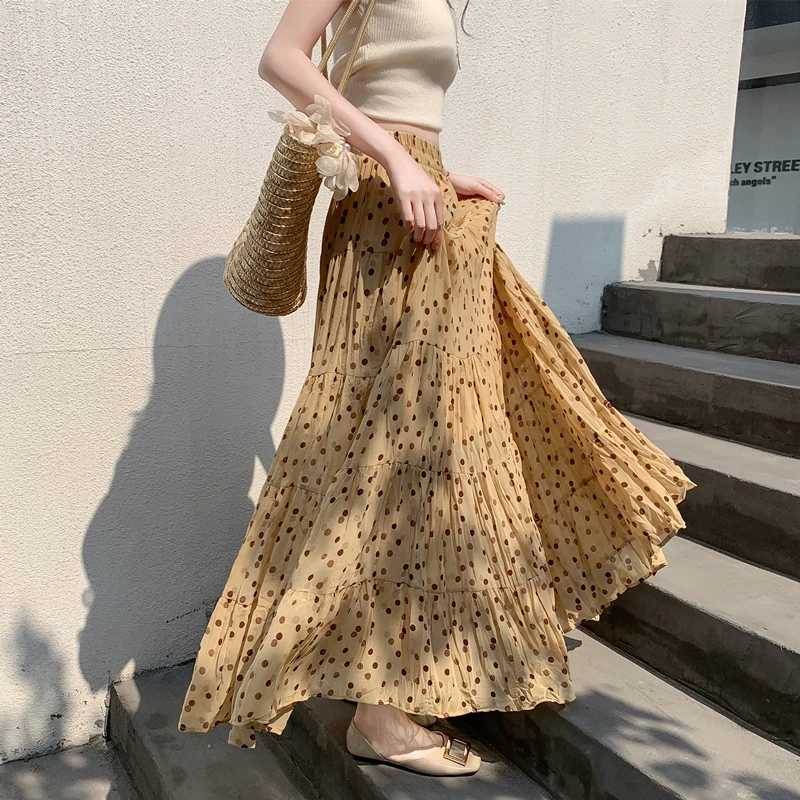 Gonna Lunga a Pois Gialli Floreale Retrò, Vita Alta, Slim Fit, Drappeggiata, Linea A, Stile Ombrello