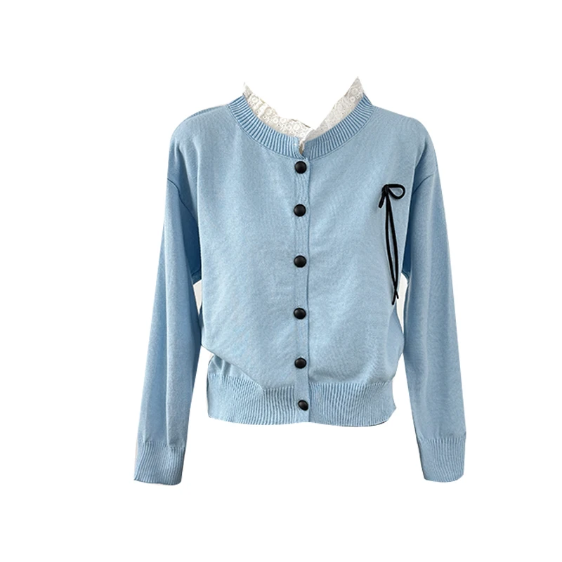 Cárdigan de punto con cuello levantado y empalme de encaje suave para mujer, suéter elegante con lazo de estilo coreano, abrigo holgado