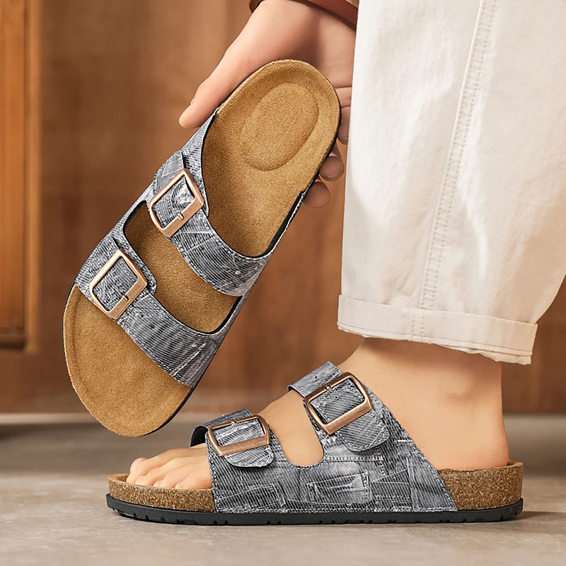 

2026 Grey Faded Denim Print Cork Sandals Double Buckle Adjustable Slides Comfort Arch Support Casual Slippers for Men Women