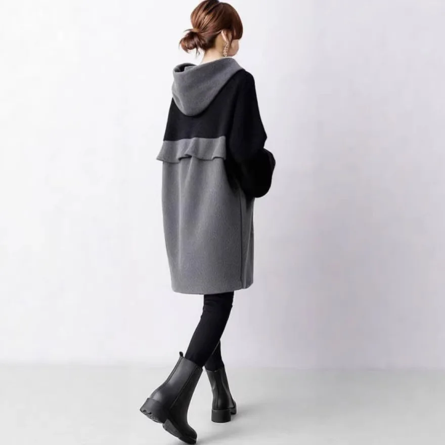 Women Long Loose Sweatshirt 2026 Autumn New Hooded Color Block Top Back Ruffle Side Pockets Warm Brushed Long Sleeve Pullover