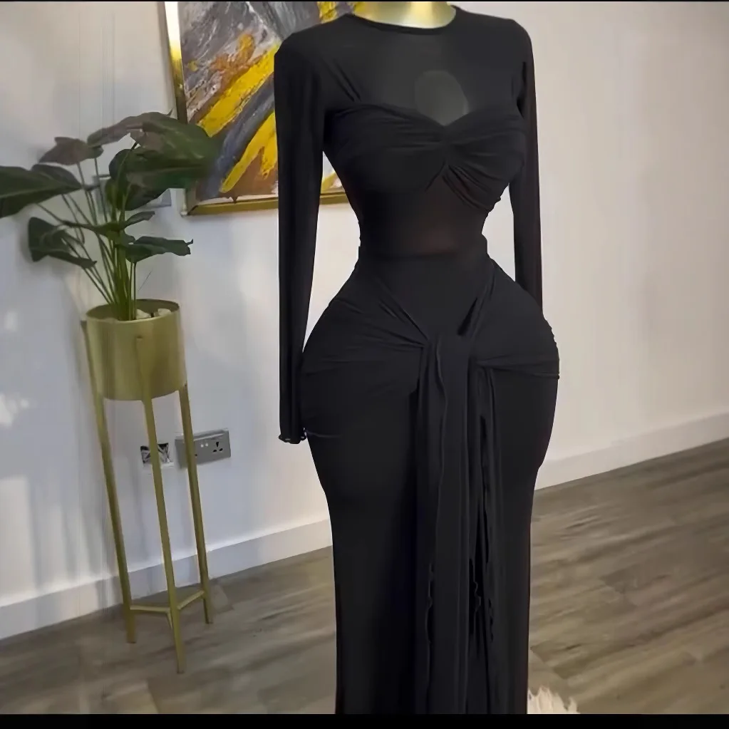 Sukienka damska z okrągłym dekoltem, elegancka, na wiosnę i lato, z długim rękawem, w jednolitym kolorze, długa, zakrywająca biodra, dopasowana, seksowna, zakrywająca biust.