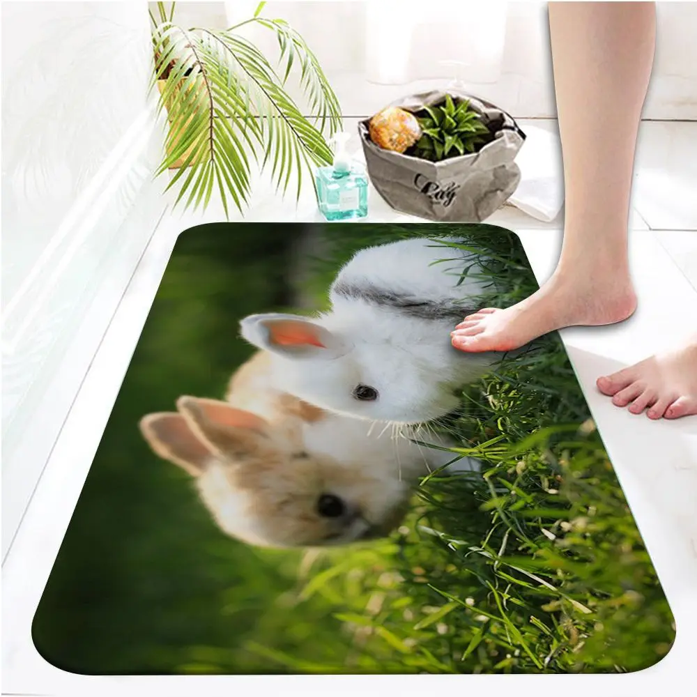 Cute little white rabbit  Printed Flannel Floor Mat Bathroom Decor Carpet Non-Slip For Living Room Kitchen welcome Doormat