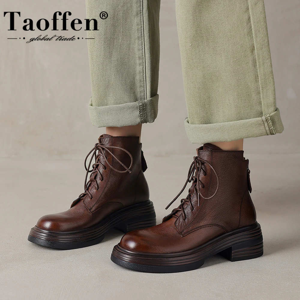 

Taoffen Classic Women Ankle Boots Genuine Leather Round Toe Lace Up Short Boots Solid Color Warm Fur Lined Casual Daily Booties