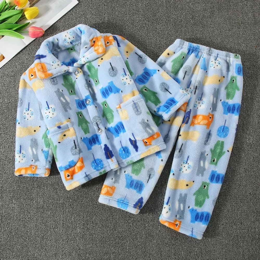 New 2024 Kids Boys Girls Autumn Winter Flannel Pajamas Cartoon Long Sleeve Lapel Tops with Pants Pyjamas Sleepwear Clothing Sets