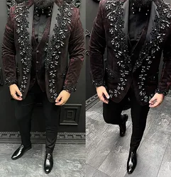 High Quality Crystal Beading Mens Tuxedos Custom Groom Wear One Button Wedding Blazer Suits Business Prom Party Jacket 3 Pieces