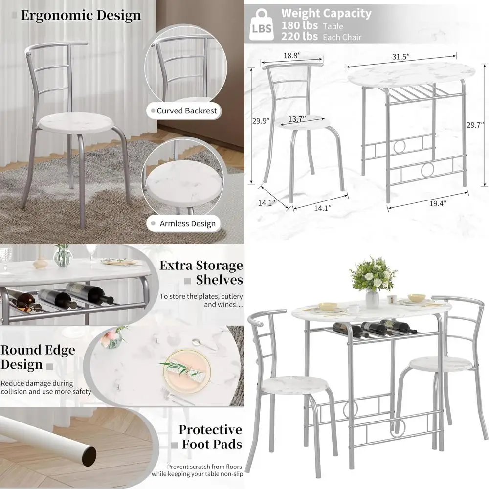 

White & Silver Marble Oval Dining Table Set with Metal Frame and Built-in Wine Rack for Small Spaces