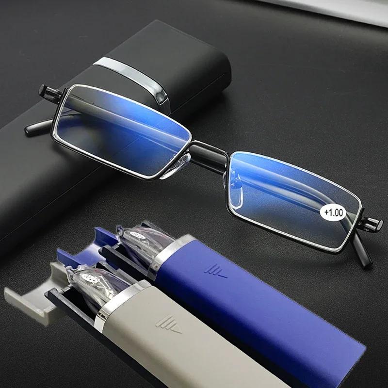 Fashion Metal Anti-Blue Light Reading Glasses Anti-Blue Light Eyeglasses Women Men Business Eyewear with Case Diopter To +4.0