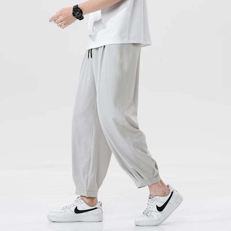 Ice Silk Summer Men\'s Ankle-length Pants Solid Loose Quick Dry Pants Mens Casual Elastic Lightweight Joggers Thin Business