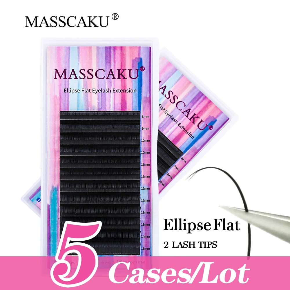 

5cases/lot MASSCAKU 8-18mm&mix Ellipse Flat Eyelashes Shaped Stable Light Faux Eyelashes Dark Black Volume Eyelashes Extension