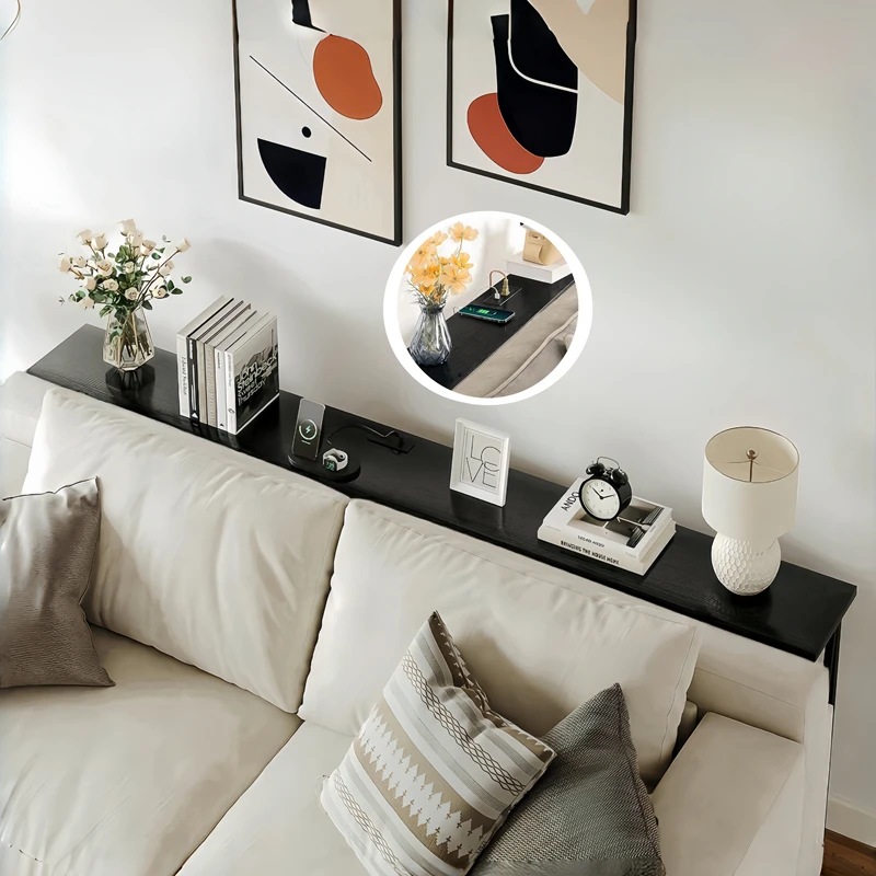 ！@Modern Rustic Solid Wood Console Table Long Narrow Wall-mounted Bedside Cabinet with Sofa Back Storage Rack Made of Metal