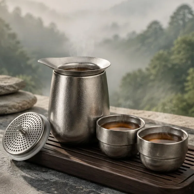 240ml Pure Titanium Tea Infuser/45ml Tea Cup Set for Home,Travel,Camping,Gift,Double-layer Hollow Insulation,Lightweight Tea Set
