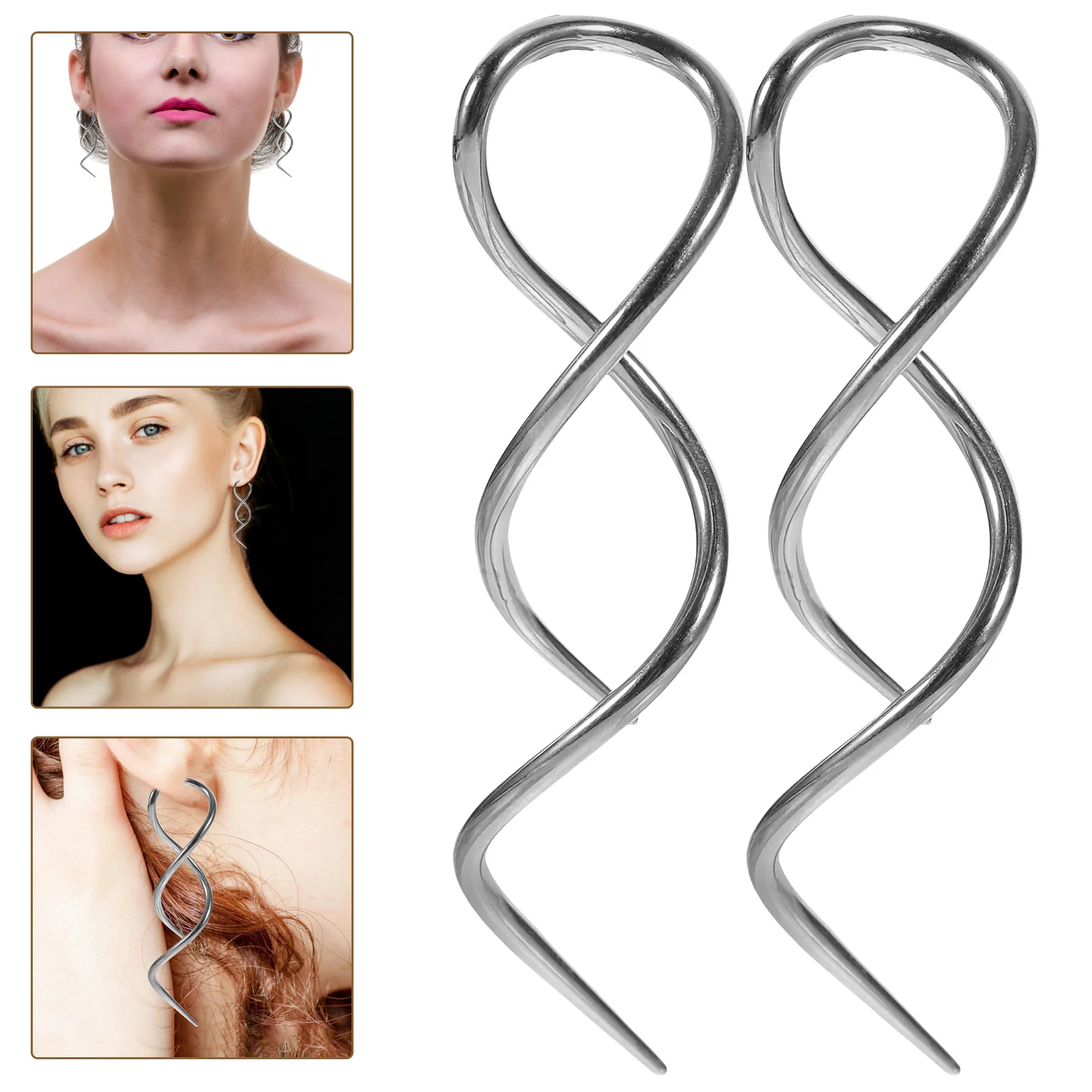 2 Pcs Simple Earrings Spiral Drop Threader Silver Hoops Wire for Women Dangling Pull Through Stylish Curve Miss