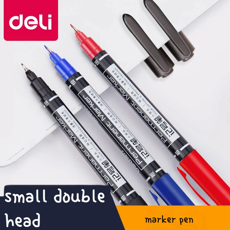 12pcs/lot Deli Twin Tip Permanent Marker Pen Set Fine Point Waterproof Ink Thin Nib Crude Nib Black Ink 0.5mm-1mm Fine Color