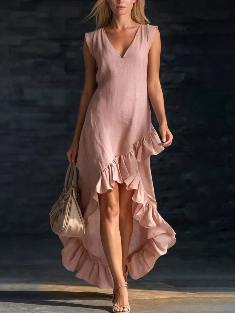 

Summer Fashion Sleeveless V-neck Ruffled Hem Long Dress New Women's Casual Solid Color Irregular Holiday Party Dress