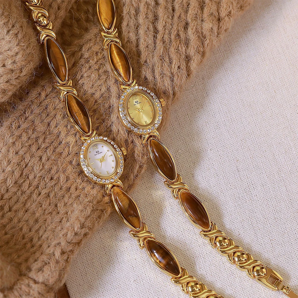 BS New Natural Tiger Eye Stone Chain Watch Ladies Elegant Waterproof Vintage Quartz Women Watches Clock Gifts