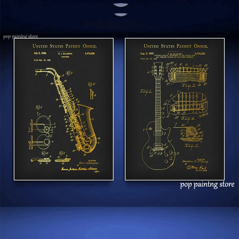 Musical Instruments Patent Prints Poster Gold Saxophone Patent Piano Blueprint Guitar Drawing Music Canvas Picture Home Decor