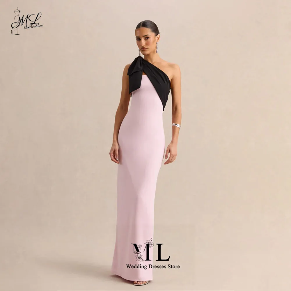 ML Sleek Pink One Shoulder Evening Dress Big Black Bow Contrast Mermaid Floor Length Straight Formal Party Gowns Customized