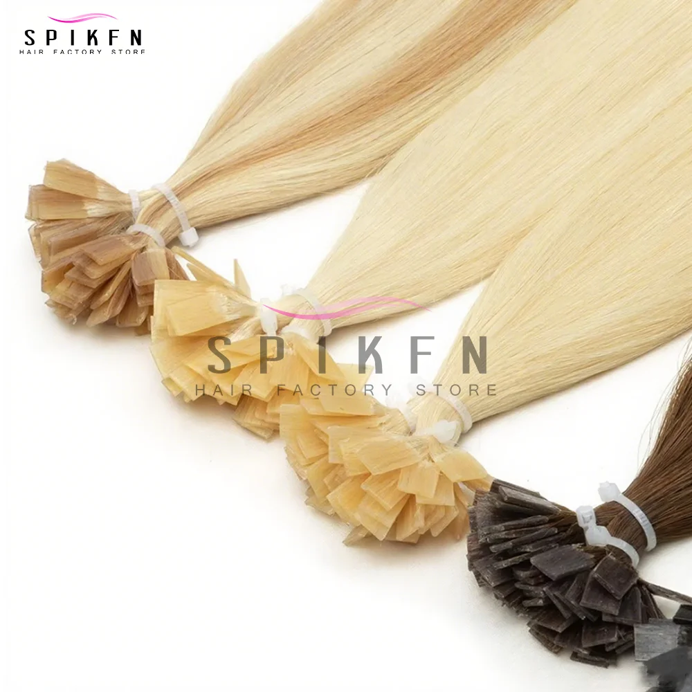 SPIKFN 스트레이트 케라틴 플랫 팁 인모 연장 천연 스트레이트 핫 퓨전 헤어 50개/팩 퓨전 프리 본디드 인모