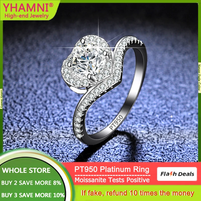 

YHAMNI PT950 Platinum Ring Woman New Trendy 2023 1 Carat Mosanite Diamond Heart Engagement Ring with Certificate Fine Jewelry