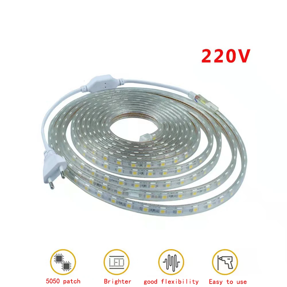 conduziu a tira 220 v a fita flexivel smd 5050 1m 5m 10m 15m 20m dimmer impermeavel 220 v conduziu a luz de tira para a decoracao da casa do quarto 220 v 01