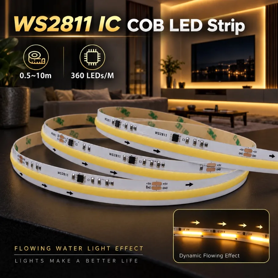 0.5-10m WS2811 IC COB LED Strip Light 360LEDs/m Addressable Dynamic Flowing Water Effect Flexible Tape Light for Home Decor