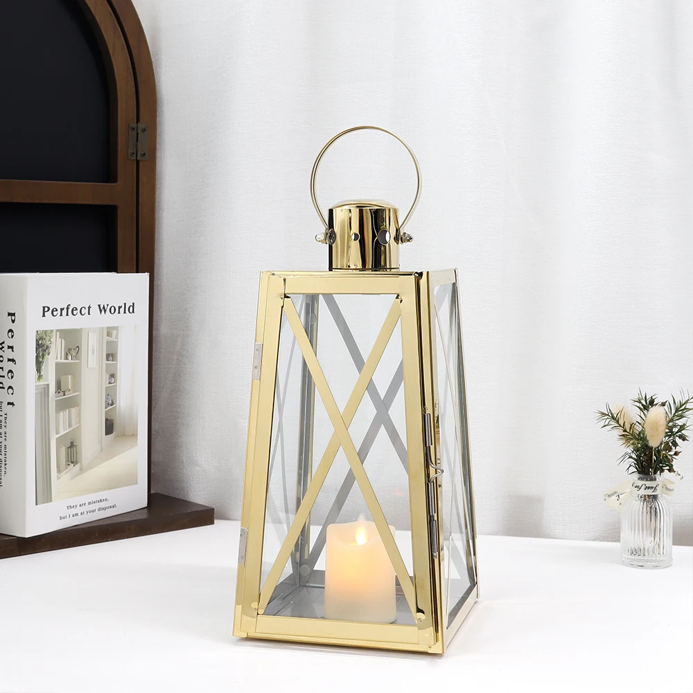 Vintage Candle Holder Lantern Stainless Steel Hanging Lanterns for Living Room Garden Patio Party Home Decor(Gold Trapezoidal)