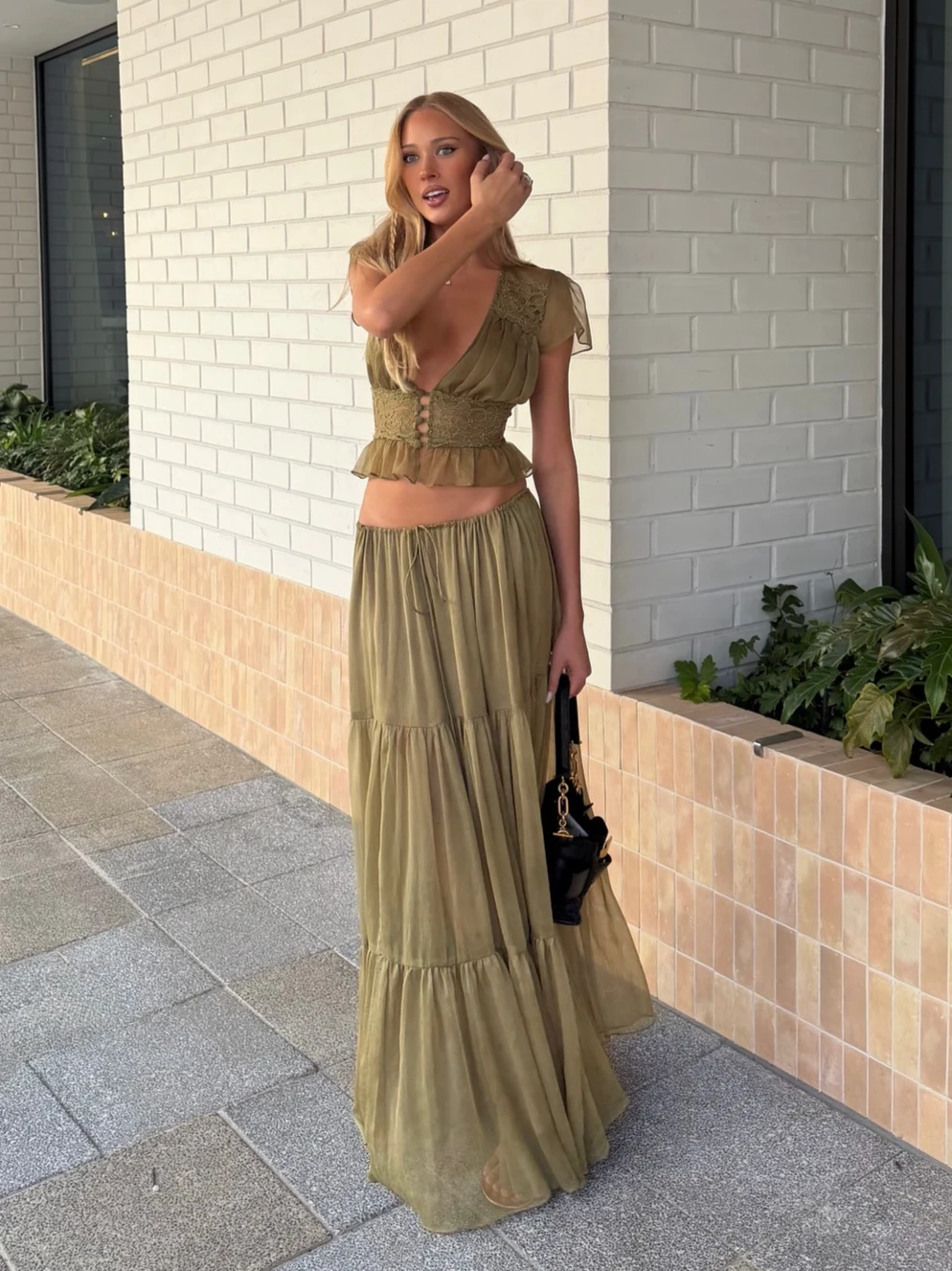Mingmingxi Fashion Chiffon Skirt Set 2 Piece Outfit Short Sleeve Top and Maxi Skirt Lace V Neck Sexy Dress Casual Wear for Women