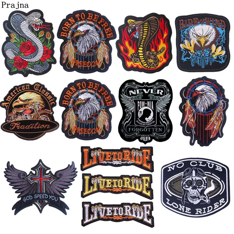 Prajna Punk Live to Ride Skull Patches Embroidered Patches For Clothing Eagle Paw Biker Iron On Patches For Jacket Jeans Stripe