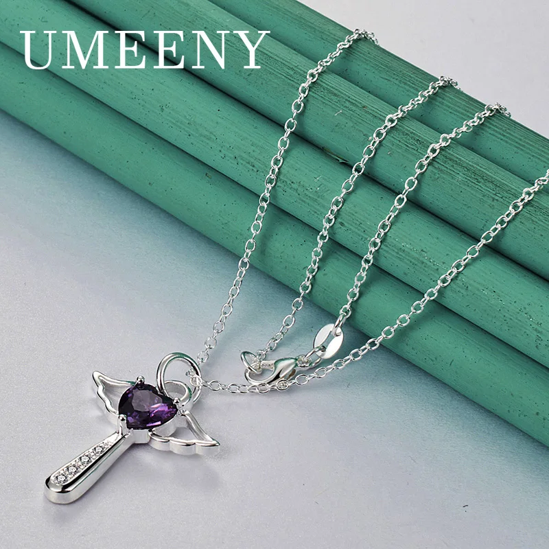 

Luxury 925 Sterling Silver 16-30 Inch Exquisite Purple Cross Zirconia Necklace Women Gift Jewelry Party Accessories