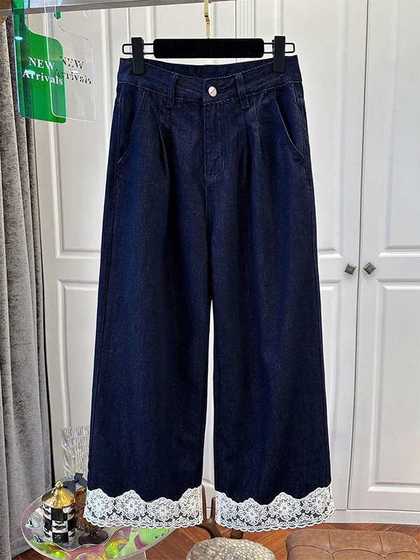 

Корейские широкие джинсовые брюки в стиле ретро с кружевной строчкой для женщин, весна-лето, новые модные брюки прямого кроя High ade