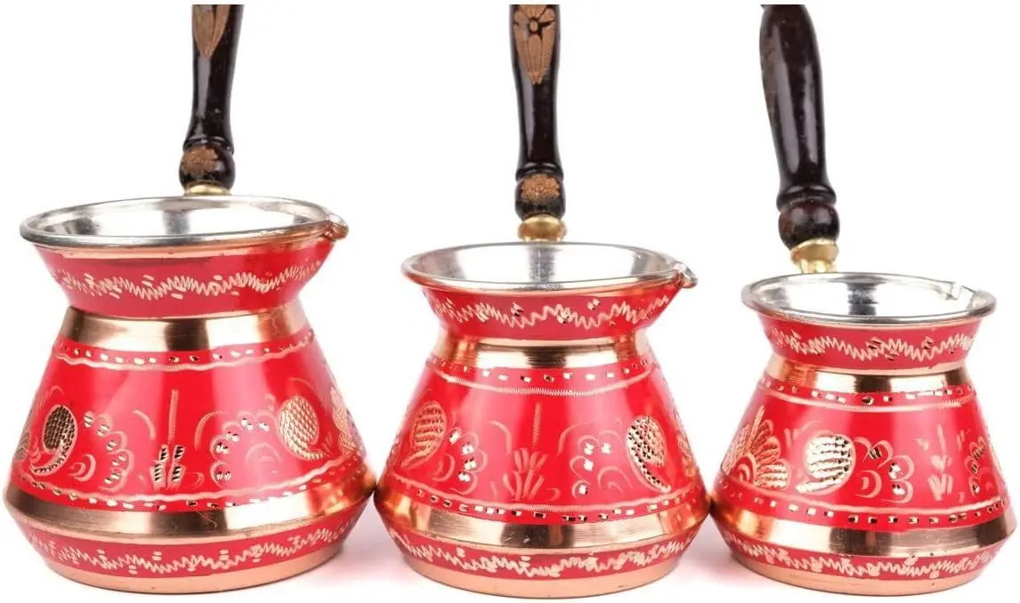 3-Piece Handmade Copper Turkish Coffee Pot Set (Cezve), Tombik Design, Red Finish, 8/6/4 Cup Capacity, Traditional Arabic Coffee