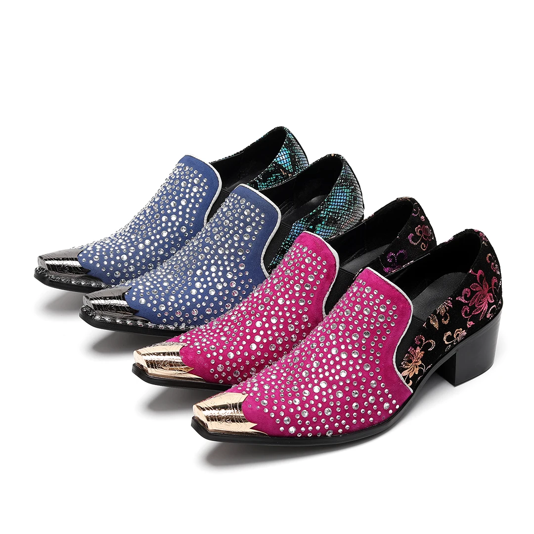 

Luxury Rhinestone Men Genuine Leather Shoes Metal Pointed Toe Male Party Wedding Dress Shoes Plus Size Slip on Party Formal Shoe