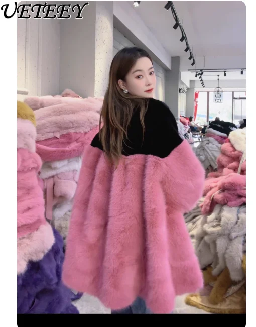 Autumn Winter New Fashion Color-Block Loose Long Sleeve Faux Fur Coat Versatile Korean Style Single-Breasted Jacket for Women