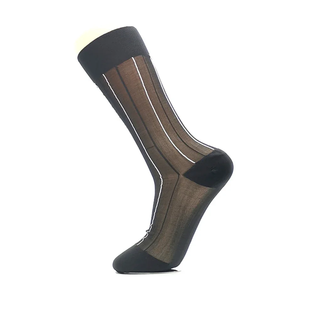 Fashion Socks Mens See-Through Sheer Silky Sports Stockings Striped Breathable Ultra-thin Business Dress Socks