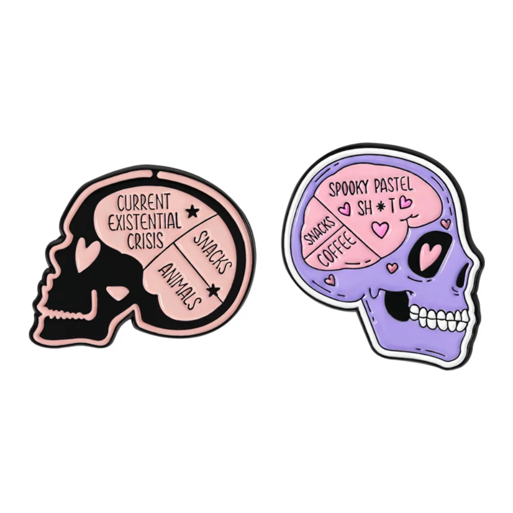 Dark Skeleton Brain Inventory Pin Gothic Style Snacks and Animal Skull Pins Funny Backpack Clothing Decoration Pins Accessory