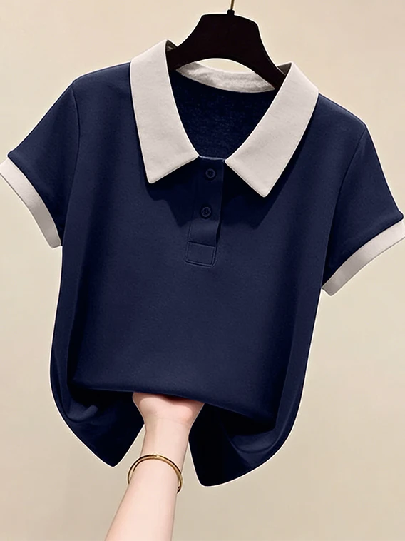 Loose Fit Pure Cotton Short Sleeve  Neck T-Shirt Women's Summer Style Versatile Color Block Slimming Top Korean Commute