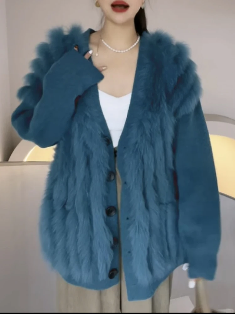 

New Arrival Women Real Fox Fur Knitting OverSize Loose Spring Fox Fur Decoration Lady's Fashion Autumn Luxury Sweater Coat