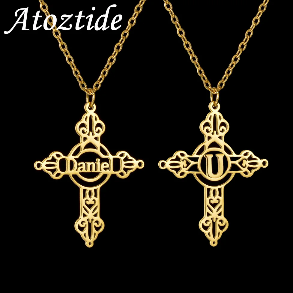 

Atoztide Personalized Custom Name Necklaces Cross Pendant for Women Men Stainless Steel Letter Link Chain Birthday Jewelry Gift