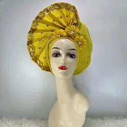 Hot Sale Yellow African Hijab Caps With Diamond Already Made Aso Oke Gele Headtie Turban Head Wrap For African Wedding Z4-1217-2
